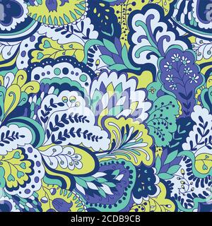 Bright psychedelic pattern with colorful curly doodle motifs. Stock Vector