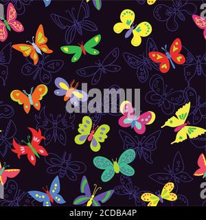 Seamless pattern with bright colorful minimalistic butterflies. Stock Vector