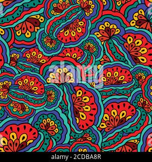 Bright seamless psychedelic boho pattern with original colorful ornament. Stock Vector