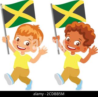 Jamaica flag in hand. Children holding flag. National flag of Jamaica vector Stock Vector