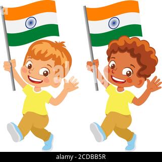 India flag in hand. Children holding flag. National flag of India vector Stock Vector