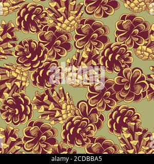 Line art realistic pine cone seamless pattern  Stock Vector