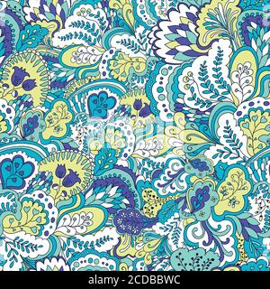 Bright psychedelic pattern with colorful curly doodle motifs. Stock Vector