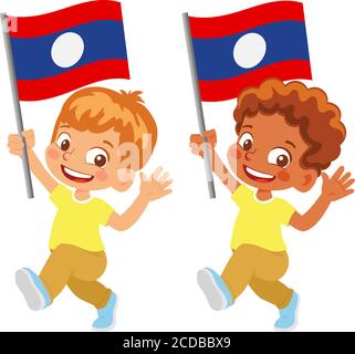 Laos flag in hand. Children holding flag. National flag of Laos vector Stock Vector