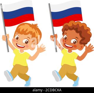 Russia flag in hand. Children holding flag. National flag of Russia vector Stock Vector