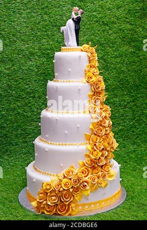 wedding cake, bride and groom couple doll on a white and golden cake with green background Stock Photo