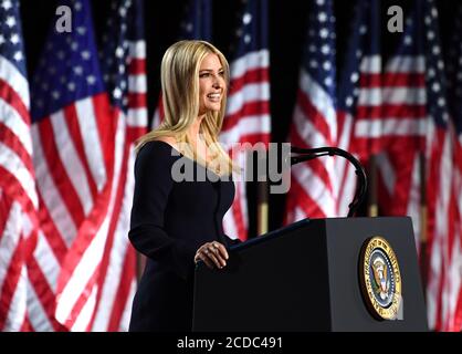 Washington, United States. 27th Aug, 2020. Ivanka Trump, daughter of President Donald Trump, introduces her father on the fourth and final night of the Republican National Convention on the South Lawn of the White House in Washington, DC, Thursday, August 27, 2020. Photo by Kevin Dietsch/UPI Credit: UPI/Alamy Live News Stock Photo