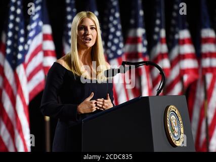 Washington, United States. 27th Aug, 2020. Ivanka Trump, daughter of President Donald Trump, introduces her father on the fourth and final night of the Republican National Convention on the South Lawn of the White House in Washington, DC, Thursday, August 27, 2020. Photo by Kevin Dietsch/UPI Credit: UPI/Alamy Live News Stock Photo