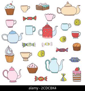 Big cartoon set of tea time elements Stock Vector