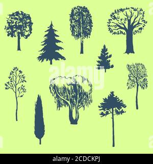Set of hand painted trees isolated on background Stock Vector