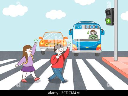 Children safety concept, Crossing road traffic education illustration 003 Stock Vector