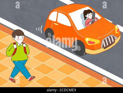 Children safety concept, Crossing road traffic education illustration 012 Stock Vector