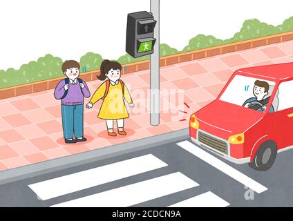 Children safety concept, Crossing road traffic education illustration 001 Stock Vector