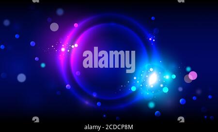 Party background, neon glowing circles, abstract bright round frame on dark blue background with bright particles, sparkles and bokeh, vector illustra Stock Vector