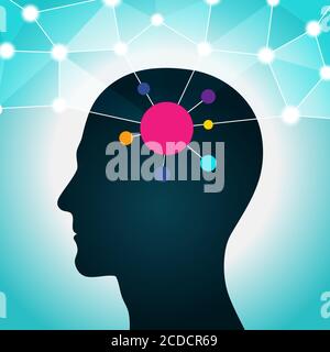 Person in a social network, communication, contacts, business. Global network in the head. Flat design, icons Stock Vector