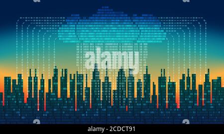 Binary rain in digital abstract city, the flow of data with the cloud, high-tech background. Concept of global cloud service, networking technologie Stock Vector
