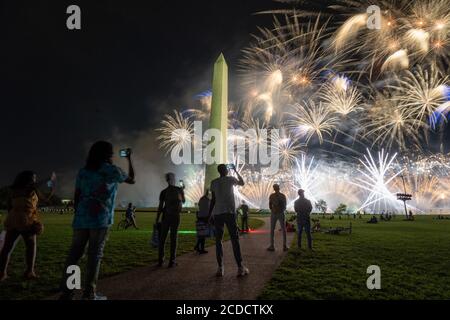 Washington, United States. 28th Aug, 2020. Fireworks go off at the Washigton Monument after U.S. President Donald Trump accepted his nomination at the Republican National Convention at the White House in Washington, DC on Thursday, August 27, 2020. Photo by Ken Cedeno/UPI Credit: UPI/Alamy Live News Stock Photo