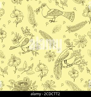 Seamless pattern with amazing fairy birds and flowers  Stock Vector