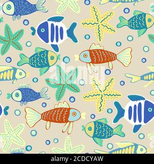 Sea life cute doodle abstract children pattern Stock Vector