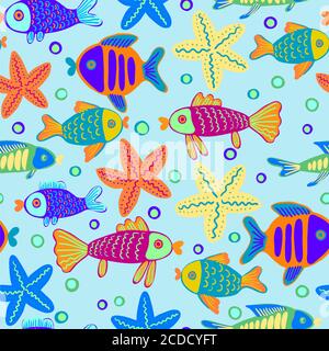 Sea life cute doodle abstract children pattern Stock Vector