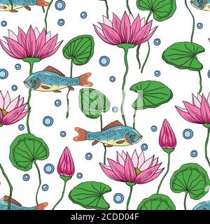 Adorable seamless pattern with lotus flowers, buds and fishes Stock Vector