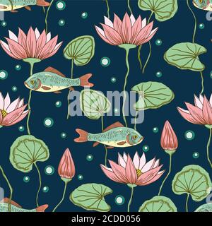 Adorable seamless pattern with lotus flowers, buds and fishes Stock Vector