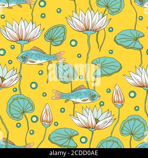 Adorable seamless pattern with lotus flowers, buds and fishes Stock Vector