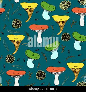 Seamless pattern with cute playful mushrooms. Stock Vector