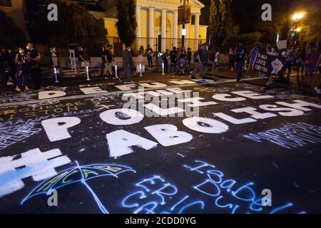 Washington, DC, USA. 27th Aug, 2020. Pictured: Anti-racistm protesters painted 'Defund the Police,' on 16th Street during anti-racism protests at Black Lives Matter Plaza the night before the March on Washington. This section of street previously had the same message painted on it, but it was paved over by the city the week before. Credit: Allison C Bailey/Alamy Credit: Allison Bailey/Alamy Live News Stock Photo