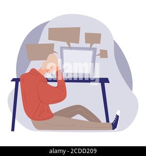 Depressed man sitting by table with computer, sad male character Stock Vector