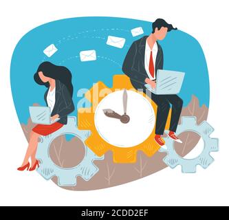 Employees working on project using laptops, business workers Stock Vector
