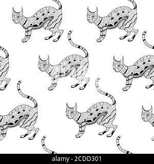 Seamless pattern with ornamental psychedelic cat, Stock Vector