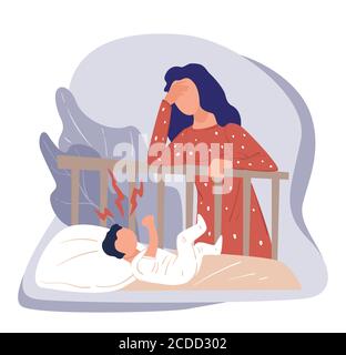 Postnatal depression, stressed woman standing by crib vector Stock Vector