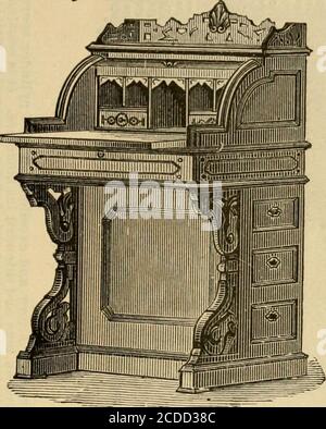 . Illustrated catalogue of office and library furniture. . No. 323 Bepresents a similar desk In finish and construction to the No. 322 cut,except that the drawers are omitted and it is mounted on hardwood legs.It is 2 feet 4 inches long, and has billiard cloth cover with a gilt edge borderon the writing lid, as shown drawTi out ready for use. I%ease read Preface of this Catalogue.. Stock Photo