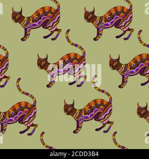 Seamless pattern with ornamental psychedelic cat, Stock Vector