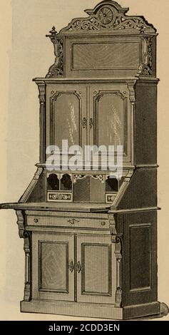 . Illustrated catalogue of office and library furniture. . No. 316 Would recommentl this beautiful style of cylinder secretary to the notice ofthose of our customers who desire to purchase a choice specimen of artisticfurniture. The bookcase part, intended to he used as a receptacle for books,coins, curiosities, etc., is lined with birdseye maple (polished); the other por-tions of same are richly decorated with polished French walnut panels andtasty carvings, which greatly add to the beauty of its exterior. Has billiardcloth cover with gilt border, and the closet below contains a shelf. Size, Stock Photo