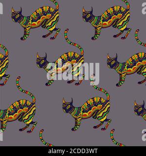 Seamless pattern with ornamental psychedelic cat, Stock Vector