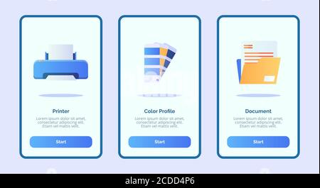Printer color profile document for mobile apps template banner page UI with three variations modern flat color style Stock Vector