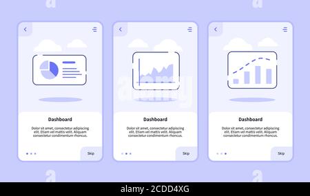 Dashboard onboarding screen for mobile apps template banner page UI with three variations modern flat outline style Stock Vector