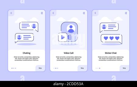 Chatting video call sticker chat onboarding screen for mobile apps template banner page UI with three variations modern flat outline style Stock Vector
