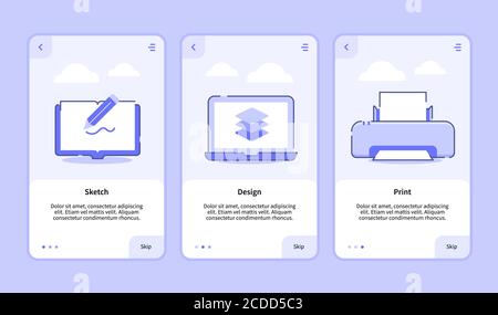 Sketch design print onboarding screen for mobile apps template banner page UI with three variations modern flat outline style Stock Vector