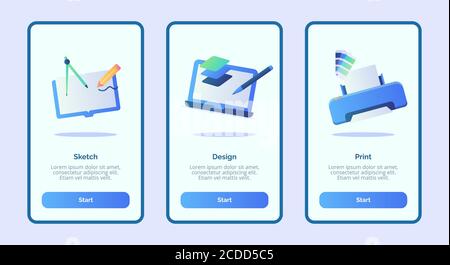 Sketch design print for mobile apps template banner page UI with three variations modern flat color style Stock Vector