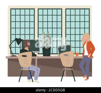 Workers at office on coffee break, meeting of partners Stock Vector