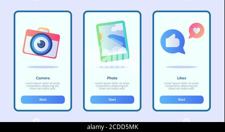 Camera photo likes for mobile apps template banner page UI with three variations modern flat color style Stock Vector