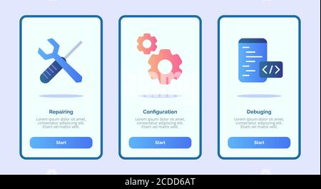 Repairing configuration debuging for mobile apps template banner page UI with three variations modern flat color style Stock Vector
