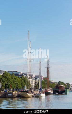 Boats by the Aurajoki river on a late summer morning in Turku Finland Stock Photo