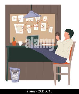 Workplace of detective, board with info on investigation Stock Vector