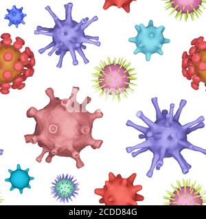 Seamless patern of Different kinds of viruses, coronavirus, herpes. Biology organisms backdrop in collage style. Many varios viruses on a white Stock Photo