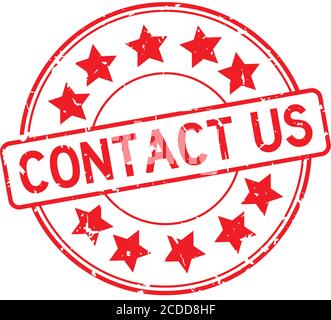 Grunge red contact us word with star icon round rubber seal stamp on white background Stock Vector