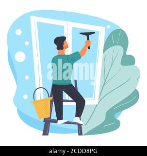 Cleaning company service, maid washing windows with mop Stock Vector